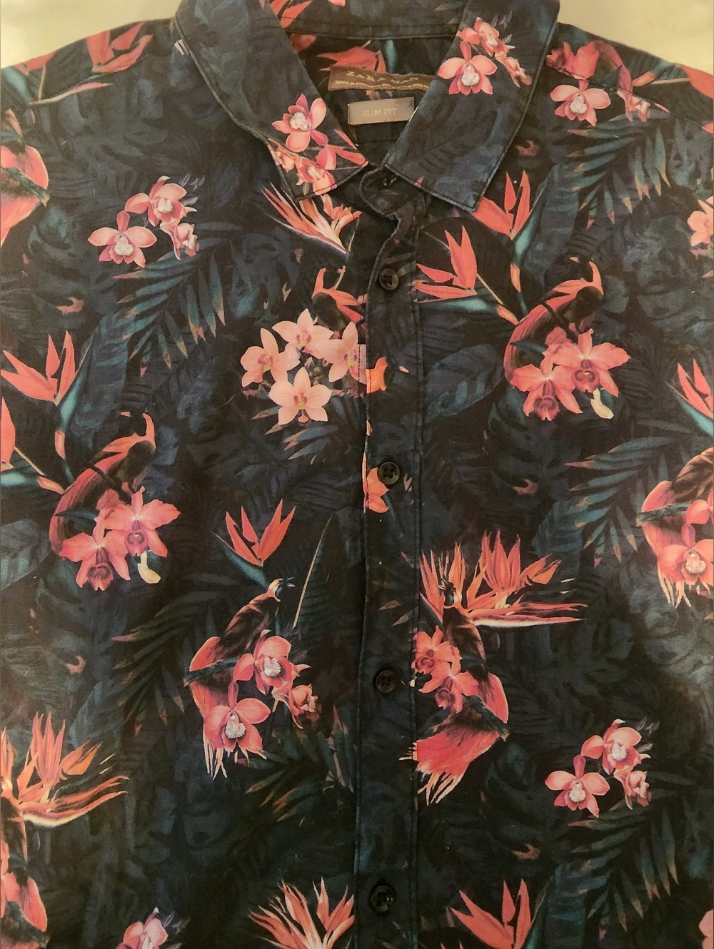 Zara Navy Button-Up Shirt with Pink Floral Print